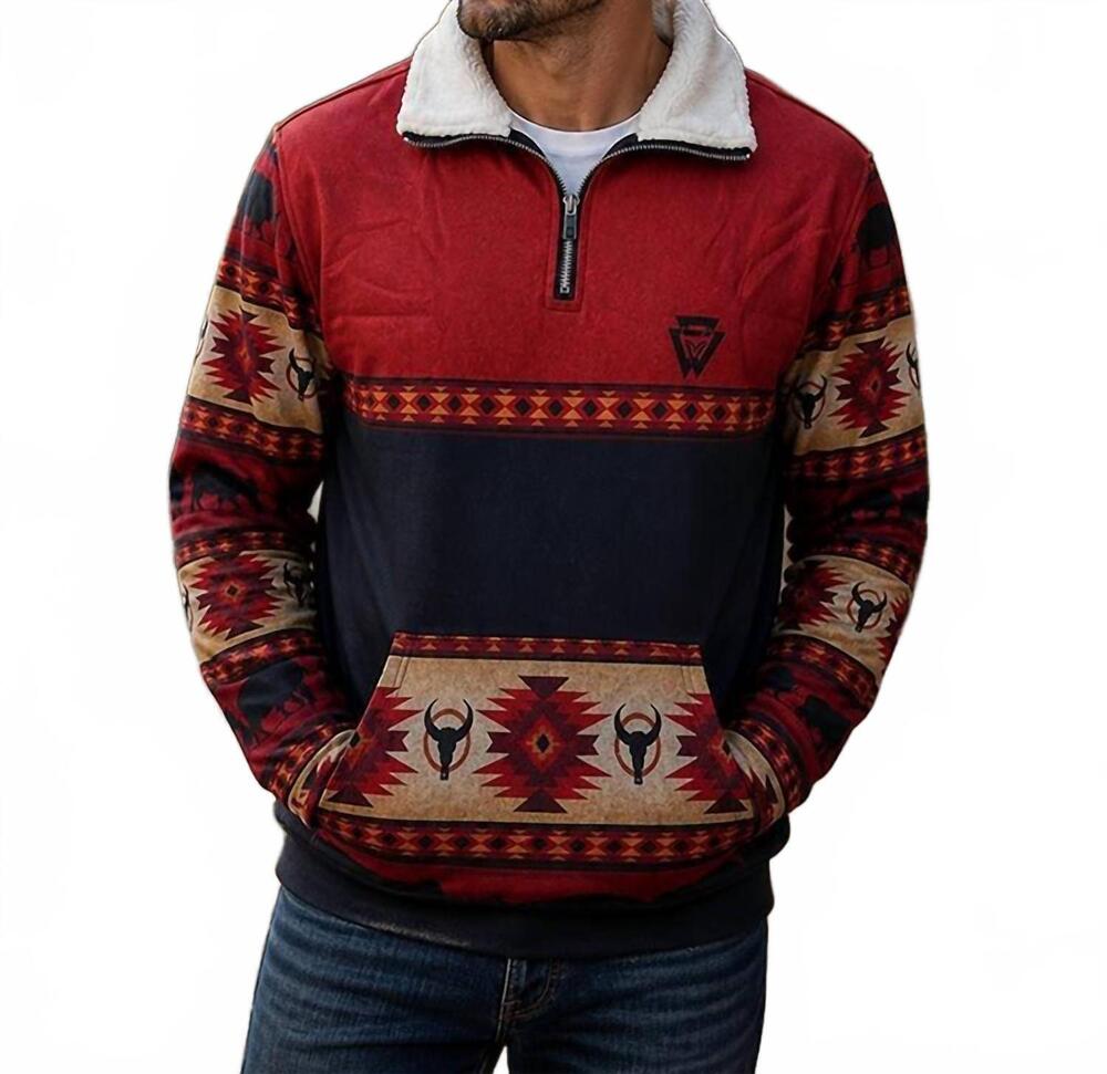 NEW LEGEND OR LIES aztec 1/4-zip sherpa collar fleece sweatshirt in rust/navy